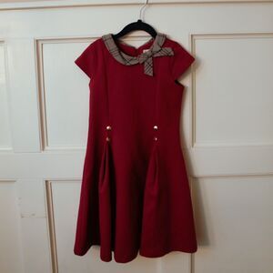 Hope & Henry Girls Red Dress Plaid Collar Bow Size 7 Organic Cotton Fit Flare